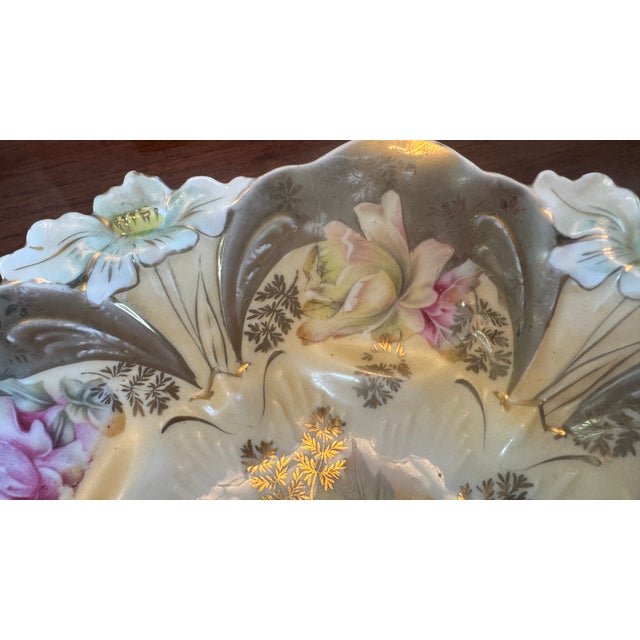 Pastel Yellow, Pink, Green..Excellent Antique Molded Berry Bowl, ,Amazing Cabinet Piece., About 9" in diameter. 3" Deep....