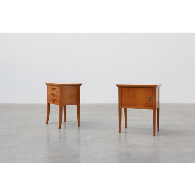 Brown Mid-Century Bedside Tables with Brass Handles, France, 1950s, Set of 2 For Sale - Image 8 of 13
