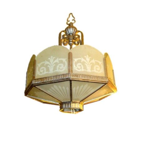 Art Deco Nickel-Plated Etched Glass Chandelier For Sale