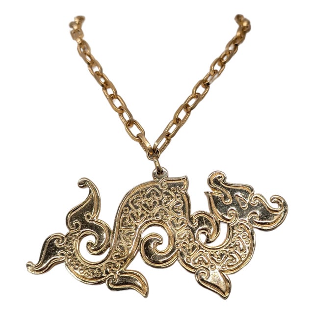 Vintage 1972 Signed Napier Goldtone Dragon Pendant Necklace For Sale