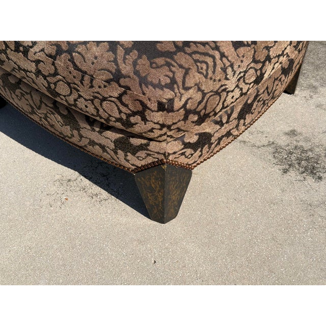 Wood Vintage Square Damask Ottoman With Hand-Painted Faceted Feet & Nailhead Trim For Sale - Image 7 of 11