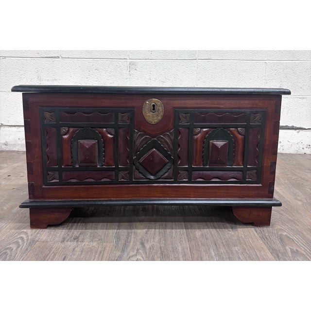 Wood Antique Indian Rajasthani Geometric Carved Solid Hardwood Bridal Dowry Chest For Sale - Image 7 of 12