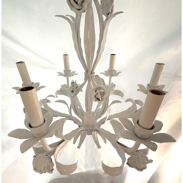 White Vintage Tole 6-Light Chandelier With Rose Details For Sale - Image 8 of 18