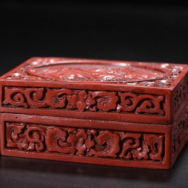 1970s Chinoiserie Red Lacquer Document Box, Rectangular Relief Carved Landscape, Tabletop Decor For Sale - Image 5 of 9