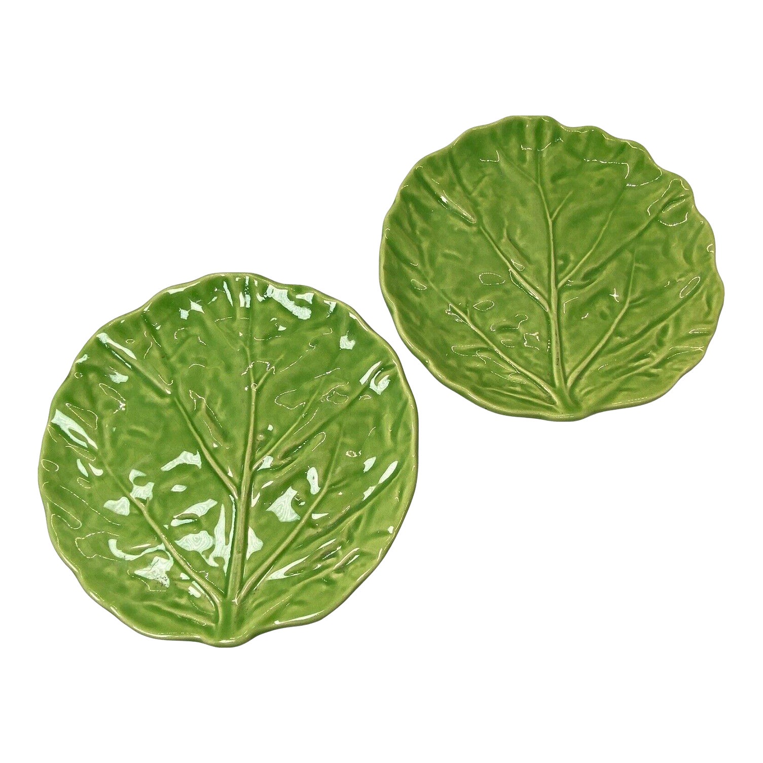 Mid 20th Century Round MajolicaInspired Green Cabbage Plates a Pair