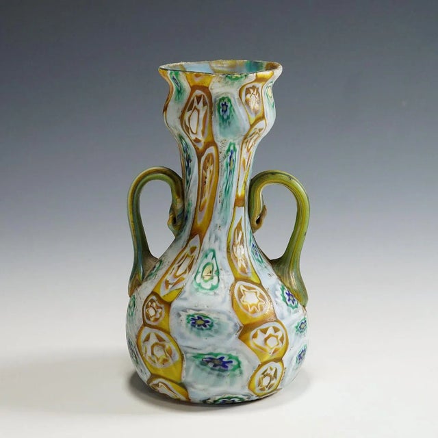 Mid-Century Modern Antique Millefiori Vase in Brown, Green and White, Fratelli Toso Murano 1910 For Sale - Image 3 of 7