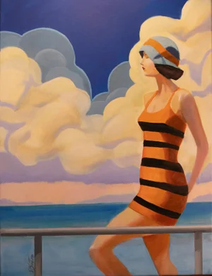 Summer Original Art Deco Style Woman on a Yacht Contemporary Oil Painting on Canvas by Paul Scaturro