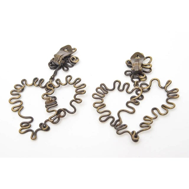 Vintage Brass Sculptural Studio Heart Shaped Clip on Dangle Earrings Pair Of For Sale - Image 4 of 8