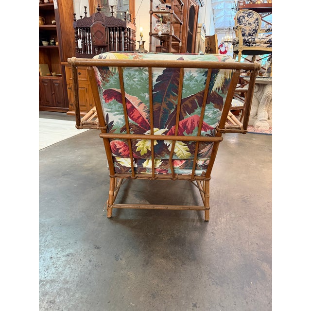 Wood Pair of Mid-Century Rattan Lounge Chairs With Tropical Botanical Upholstery For Sale - Image 7 of 11