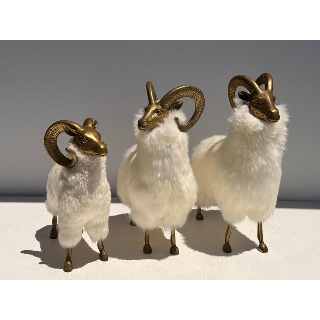 1970s Set of Brass and Fur Mountain Sheep Ram Sculptures - Set of 3 For Sale In Los Angeles - Image 6 of 12
