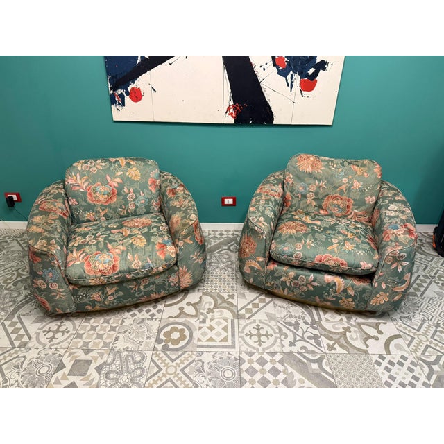 Art Deco Chairs in Floral Silk Fabric with Brass Base, 1940, Set of 2 For Sale - Image 14 of 17