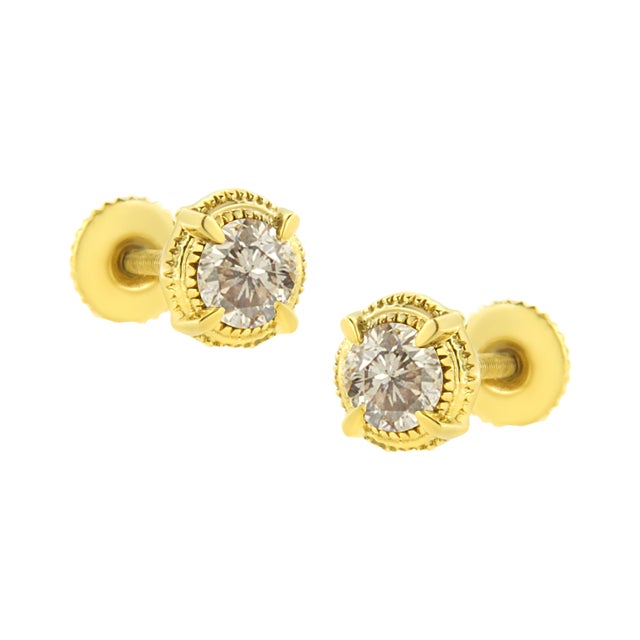 Contemporary 14K Yellow Gold Plated .925 Sterling Silver 3/4 Cttw Round Brilliant Cut Diamond Solitaire Milgrain Stud Earrings For Sale - Image 3 of 6