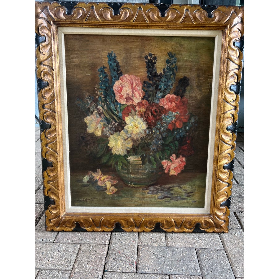 C. 1940 Signed Friedrich J. Schmidt Still Life Flowers in Vase Oil