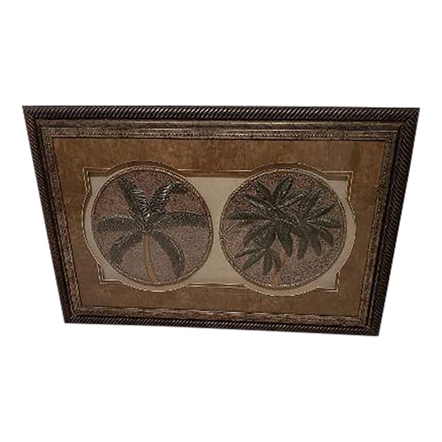 Framed Glass Tropical Palm Tree Wall Art Dual Circular Botanical Medallion For Sale