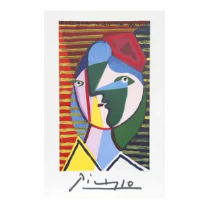 1980s "Visage de Femme sur Fond Raye" Lithograph After Pablo Picasso