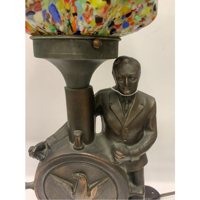 Art Deco Vintage Navy Figural Nautical Table Lamp With Multi Color Arts and Crafts Glass Shade For Sale - Image 3 of 6