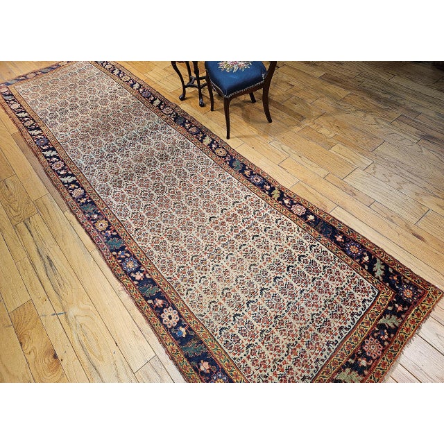 19th Century 19th Century Persian Bidjar Wide Runner, Hand-Knotted Wool, Allover Paisley Pattern, Ivory & Navy, 4x14 For Sale - Image 5 of 18