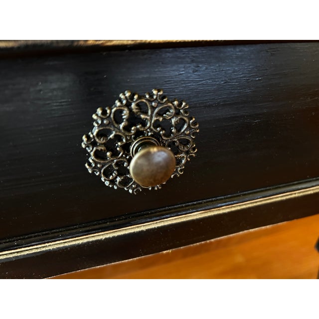 Black 1980s Rolling Bar Cart Hand Painted in Black Distressed Wheels Pull-Out Sides 2 Drawers For Sale - Image 8 of 9