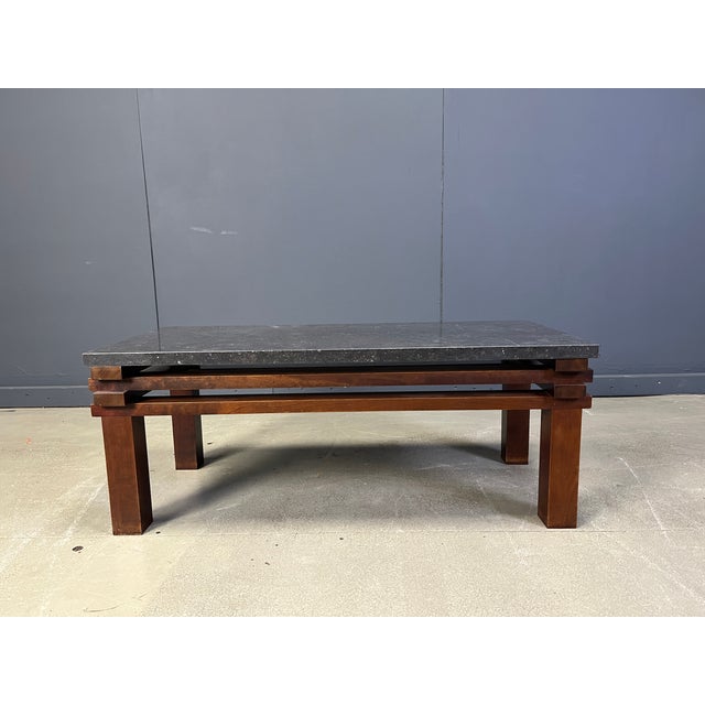 Vintage Wooden and Stone Top Coffee Table, 1970s, in Good conditions. Designed 1970 to 1979