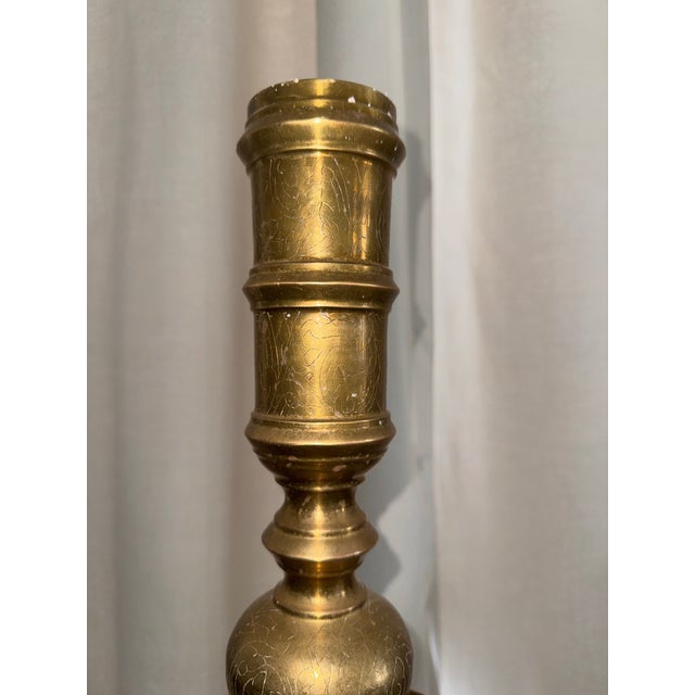 Monumental 49.5" Vintage Moroccan Brass Floor Candlesticks - A Pair For Sale - Image 6 of 10