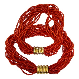 Vintage Natural Coral Multi Layer Beads 16 Strand Two Necklaces 18 KY Gold For Sale