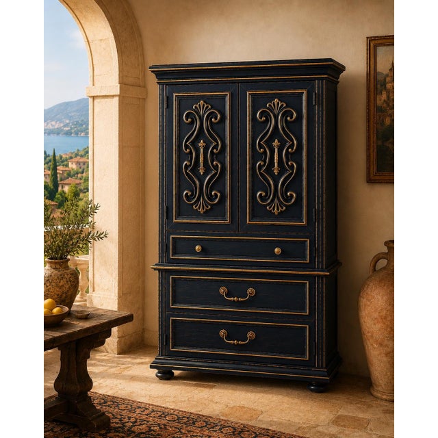 Mid 20th Century Midnight Blue Gilded Reserve Gentleman’s Dry Bar Cabinet For Sale - Image 4 of 4