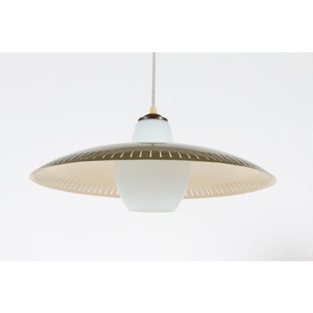 Lyfa Metal Pendant with Perforated Pattern and Opaline Glass in the style of Bent Karlby, 1950s For Sale - Image 4 of 18