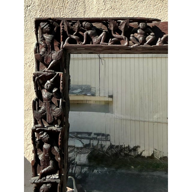 Rustic Vintage Boho Carved Figural Mirror For Sale - Image 3 of 7