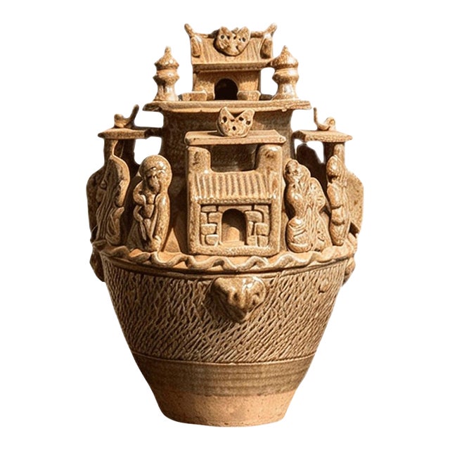 Chinese Ceramic Pot,Brown Glaze Porcelain Granary Jar Hand Carved Figures and Architecture Pattern For Sale