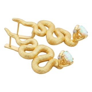 Massive Snake Earrings With Opals in Opened Mouth, Pair For Sale