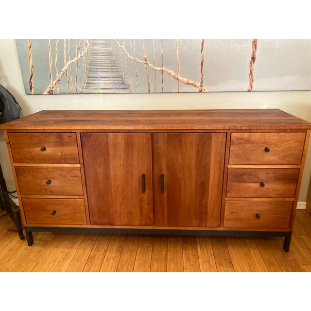Beautiful Room & Board solid cherry wood credenza, custom built, similar to the current Linear collection. Central cabinet...