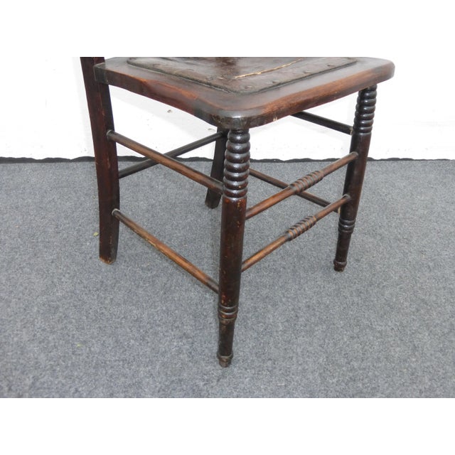 Vintage Carved Rustic Farmhouse Wood Side Chair W Leather Seat For Sale - Image 9 of 11