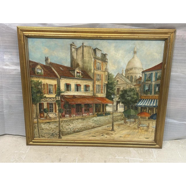 Vintage Paris Hand painting oil framed in a gilded wood, depicts Paris Sacre Coeur L'auberge du village " la Boheme". and...