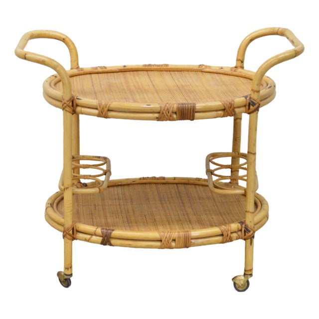 1950s Rattan Bentwood Oval Rolling Bar Cart For Sale