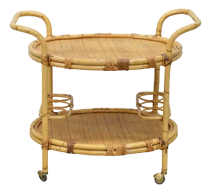1950s Rattan Bentwood Oval Rolling Bar Cart
