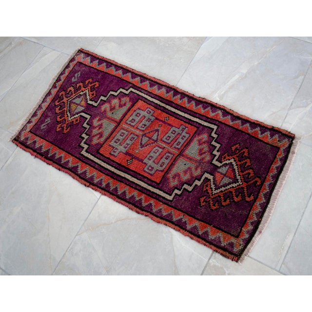Distressed Small Low Pile Hand Knotted Yastik Rug Faded Mat - 18'' X 36'' For Sale - Image 12 of 15