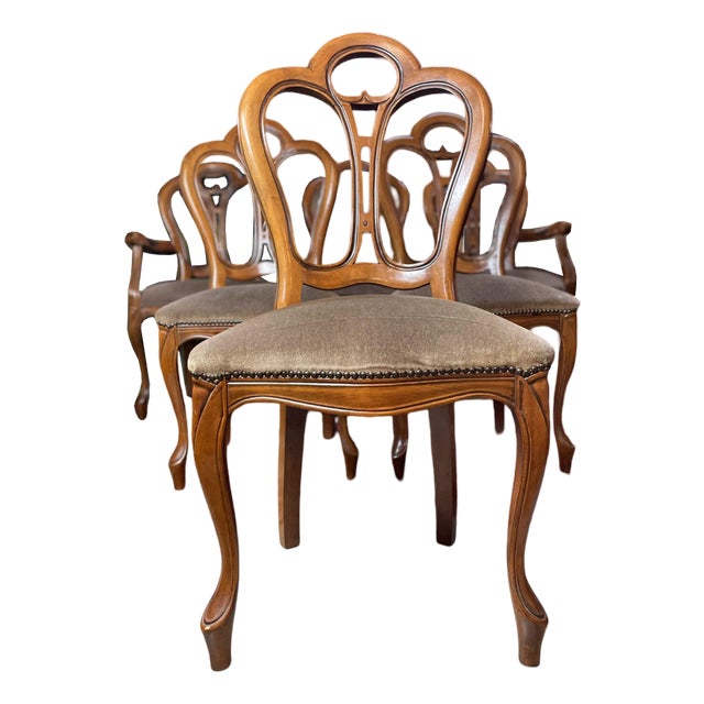 Vintage Italian Walnut Veneer Dining Chairs, Set of 6 For Sale
