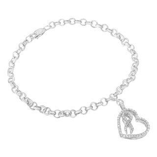.925 Sterling Silver 1/4 Cttw Diamond-Accented Heart and Ribbon Charm 7" Link Chain Bracelet (H-I Color, I1-I2 Clarity) For Sale