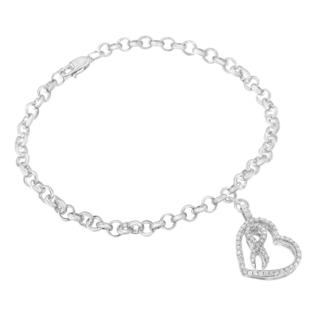 .925 Sterling Silver 1/4 Cttw Diamond-Accented Heart and Ribbon Charm 7" Link Chain Bracelet (H-I Color, I1-I2 Clarity) For Sale