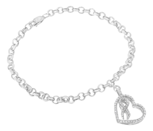 .925 Sterling Silver 1/4 Cttw Diamond-Accented Heart and Ribbon Charm 7" Link Chain Bracelet (H-I Color, I1-I2 Clarity)