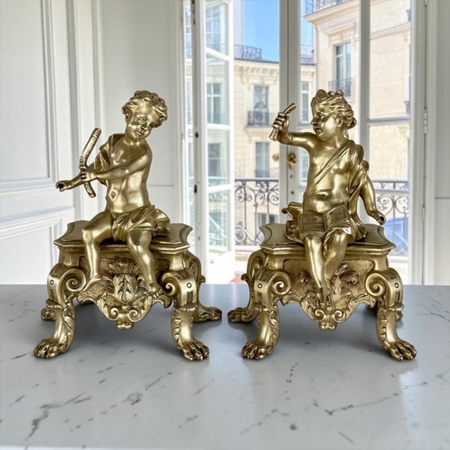 Beaux-Arts Pair of Early 19th Century French Bronze Doré Cherub Statues For Sale - Image 3 of 15
