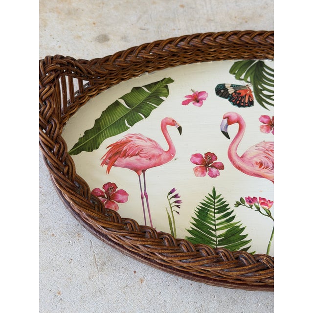 Vintage Coastal Rattan Flamingo Tray With Custom Decoupage Appliqué For Sale In Naples, FL - Image 6 of 11