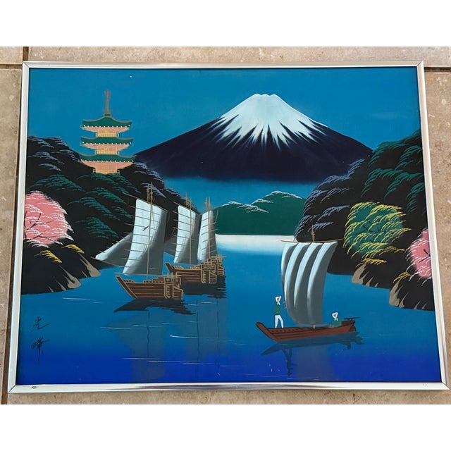 Mid-Century Modern Vintage Mid-Century Japanese Scenic Silk Paintings in Steel Frames, Pair For Sale - Image 3 of 12