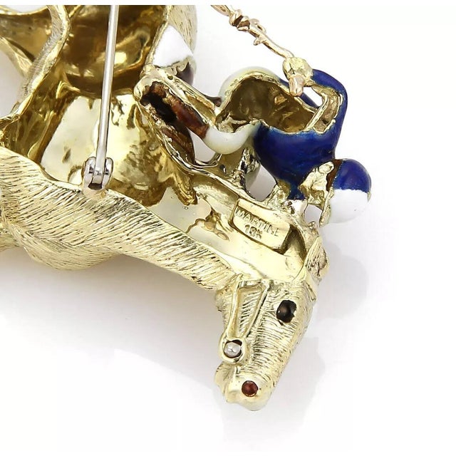 Late 20th Century Late 20th Century Martine Enamel Jockey & Race Horse Large 18k Yellow Gold Brooch Pin For Sale - Image 5 of 6