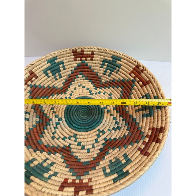 Ornamental & Decorative Materials Vintage 1980s Tribal Weaving Coiled Handmade Boho Basket 16" Diameter Southwestern Home Decor For Sale - Image 7 of 11