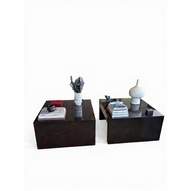Wood Set of Two Custom Square Black Lacquer Tables For Sale - Image 7 of 9