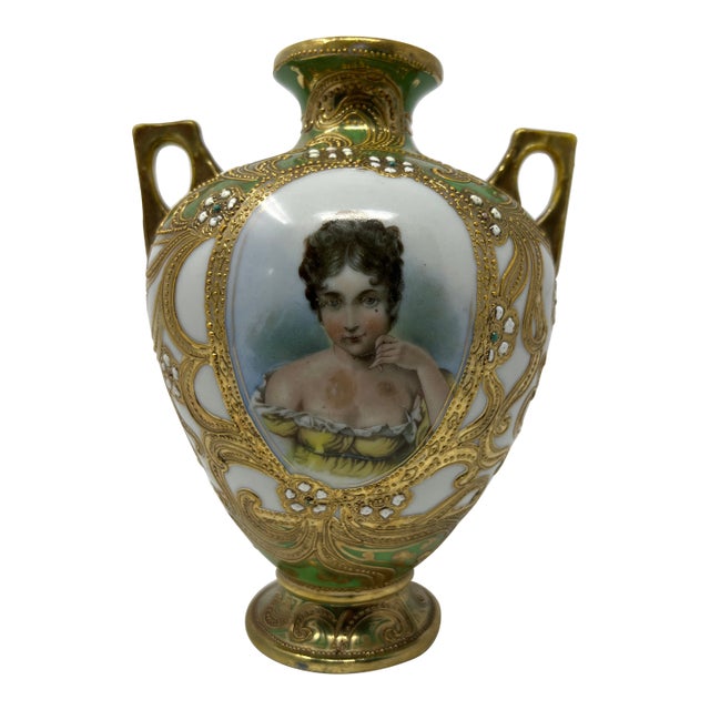 Antique Japanese Nippon Hand Painted Portrait Porcelain Vase With Moriage & Jeweled Decoration, Circa 1905 For Sale