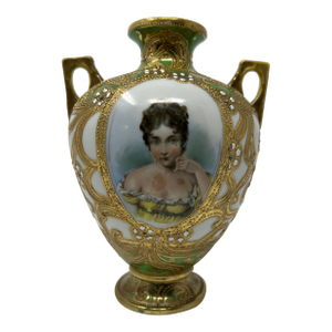 Antique Japanese Nippon Hand Painted Portrait Porcelain Vase With Moriage & Jeweled Decoration, Circa 1905