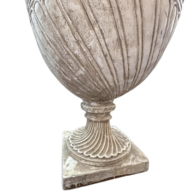 Late 20th Century Large Neoclassical Style Lidded Urn With Ram Head Handles, Aged Stone Finish For Sale - Image 9 of 9