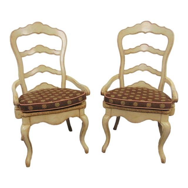 Country French Cream Distressed Ladderback Arm Chairs -A Pair For Sale